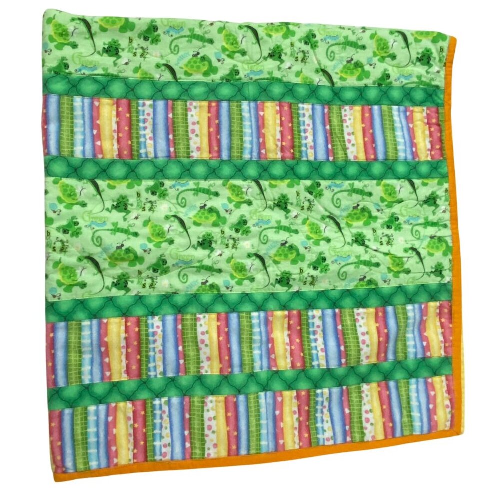 Handmade Baby Quilt 42" x 41" Green Frog Lizard Snail Caterpillar Turtle Bee